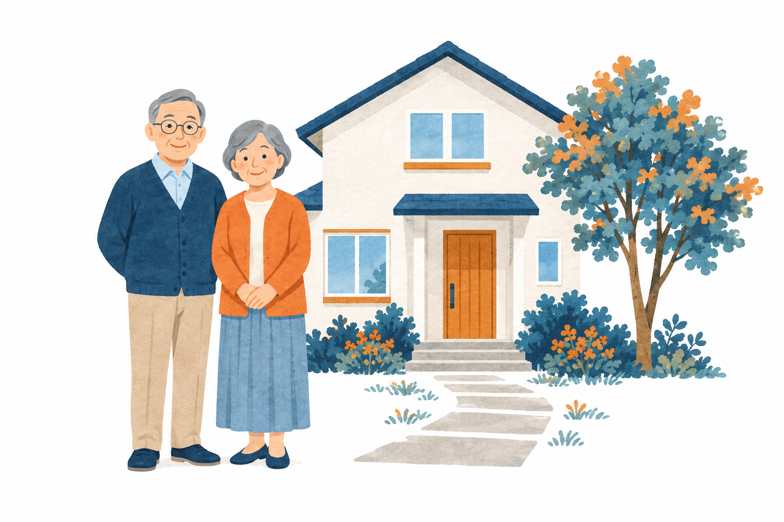 住まいの前に立つご夫婦のイラスト